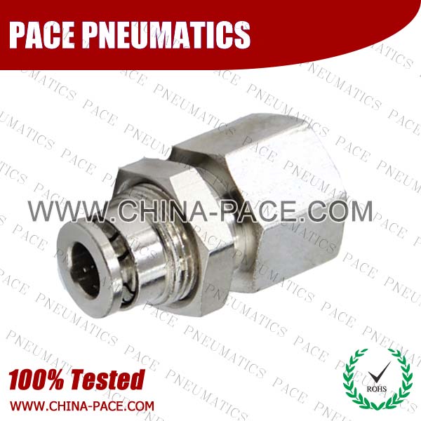 Female Straight Bulkhead Camozzi Type Brass Push In Air Fittings, All Brass Pneumatic Fittings, Nickel Plated Brass Air Fittings, Full Brass Push To Connect Fittings, one touch tube fittings, Push In Pneumatic Fittings